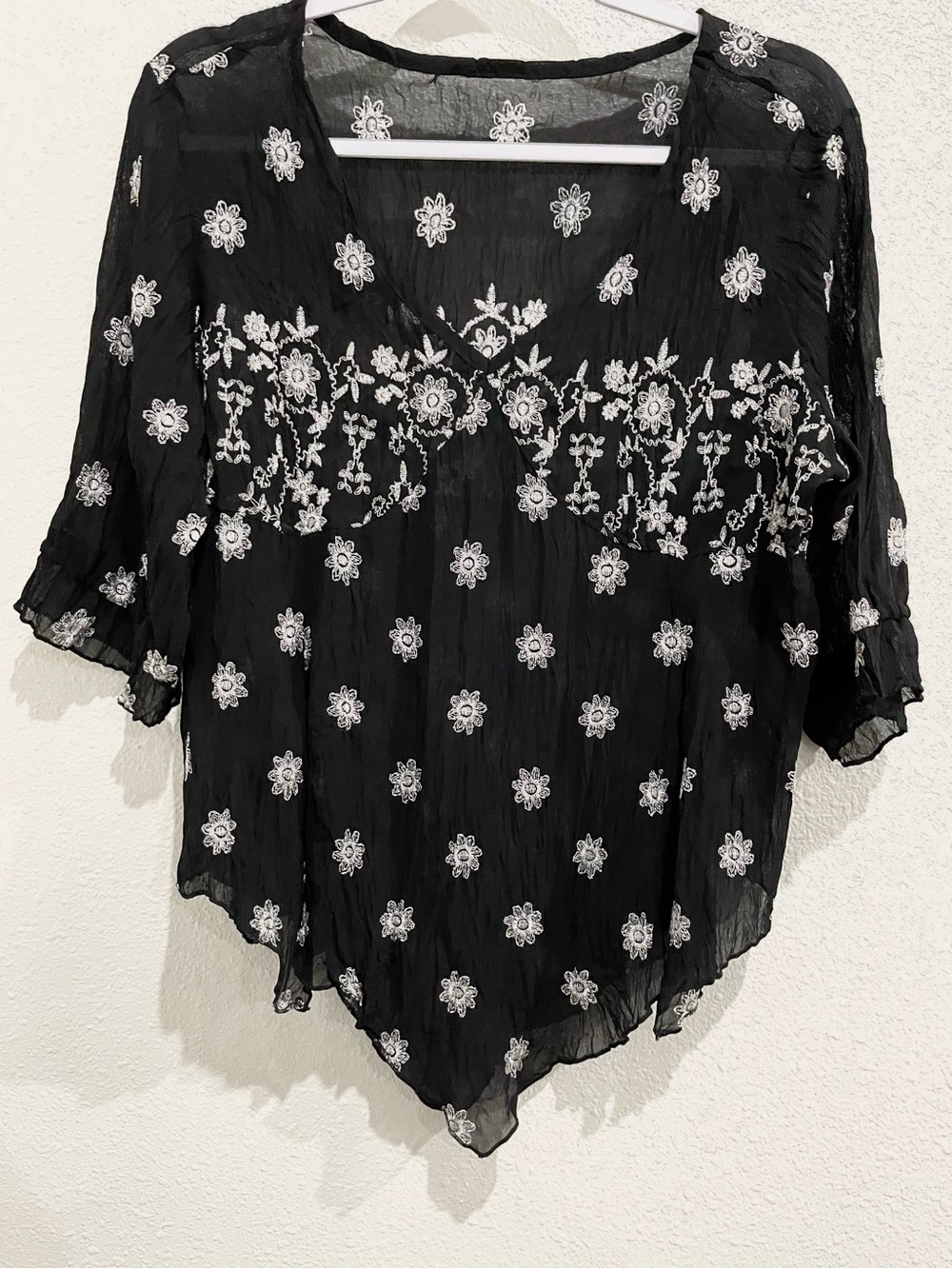 Vintage Embroidered Black Asymmetrical Top Whimsigoth Fairy Gauzy Semi Sheer